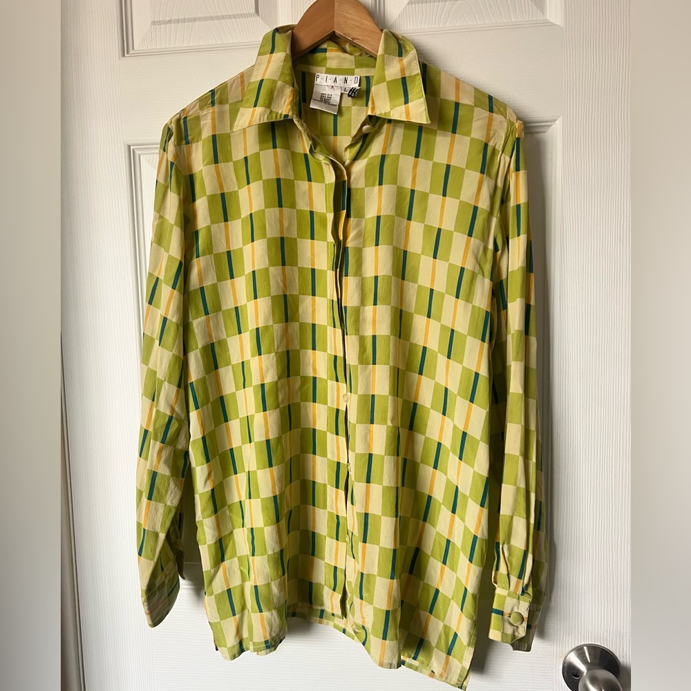 Vintage silk Green Check Long-Sleeve Blouse. EUC. Size L